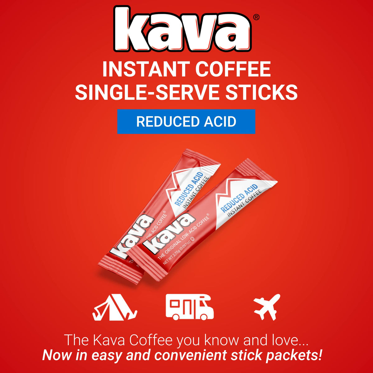 Kava Low Acid Instant Coffee box highlights premium beans and aroma.
