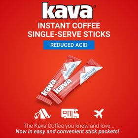 Kava Low Acid Instant Coffee box highlights premium beans and aroma.