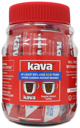 Kava Low Acid Instant Coffee stick close-up reveals premium beans and aroma.