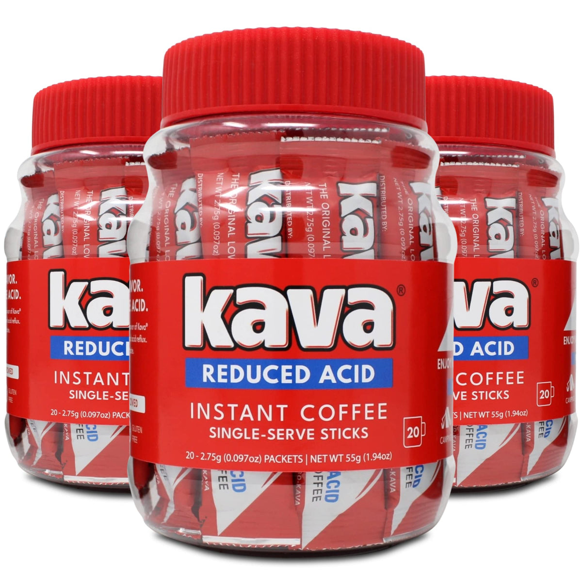 Kava Low Acid Instant Coffee stick packets in packaging for travel.