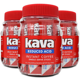 Kava Low Acid Instant Coffee stick packets in packaging for travel.