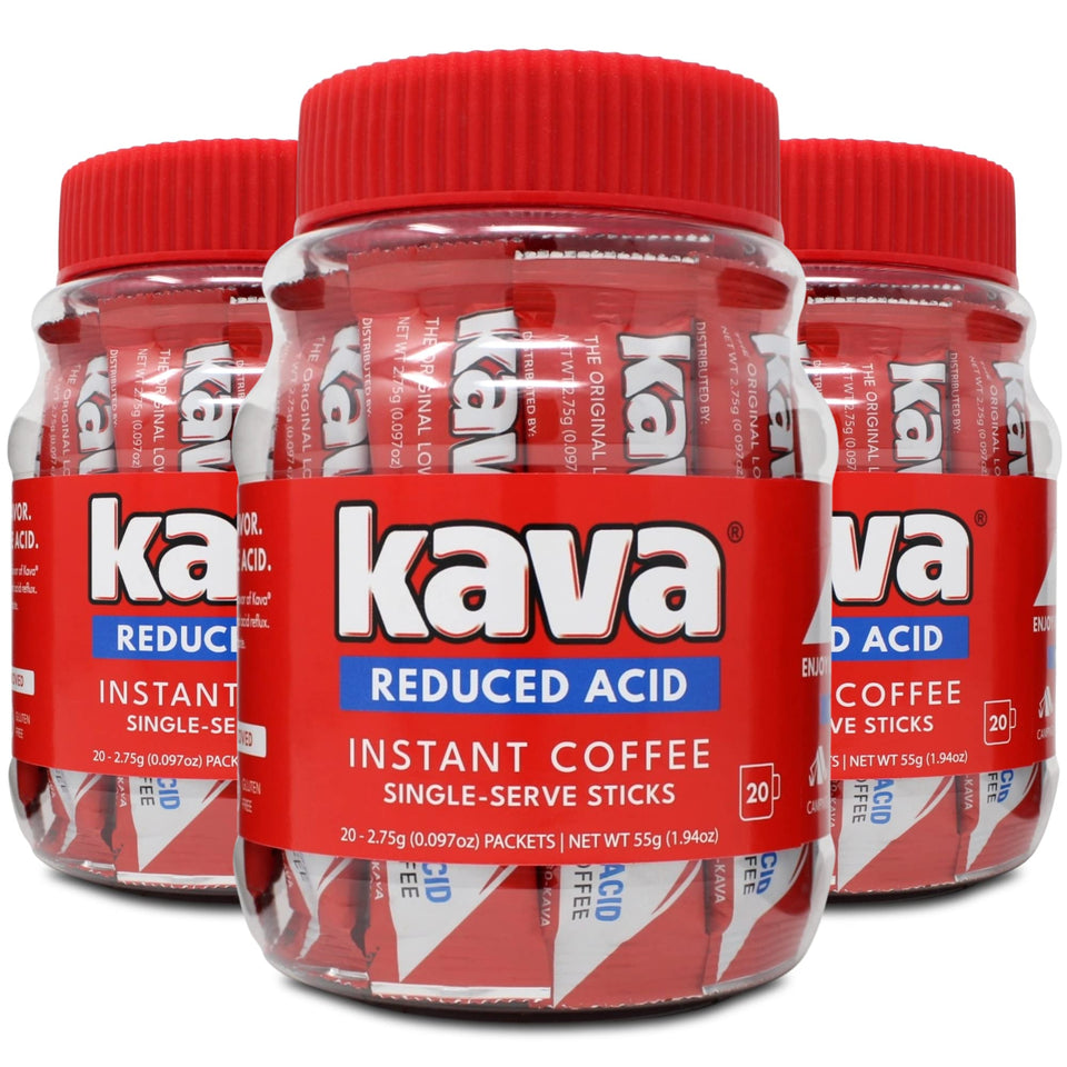 Kava Low Acid Instant Coffee stick packets in packaging for travel.