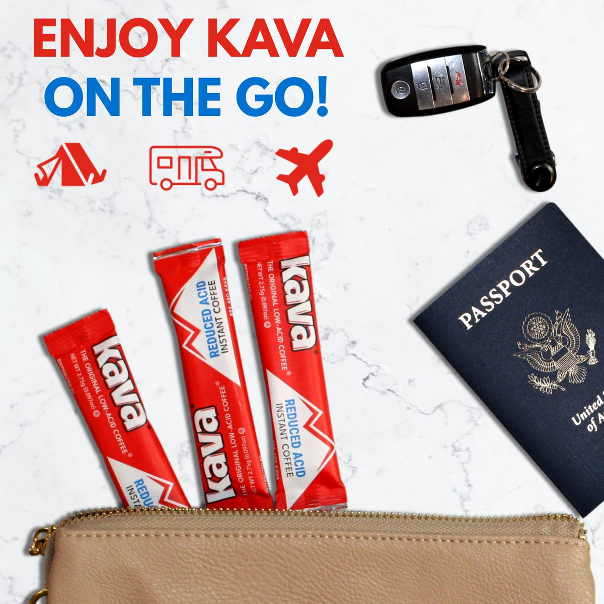 Kava Low Acid Instant Coffee sticks shown with camping gear.