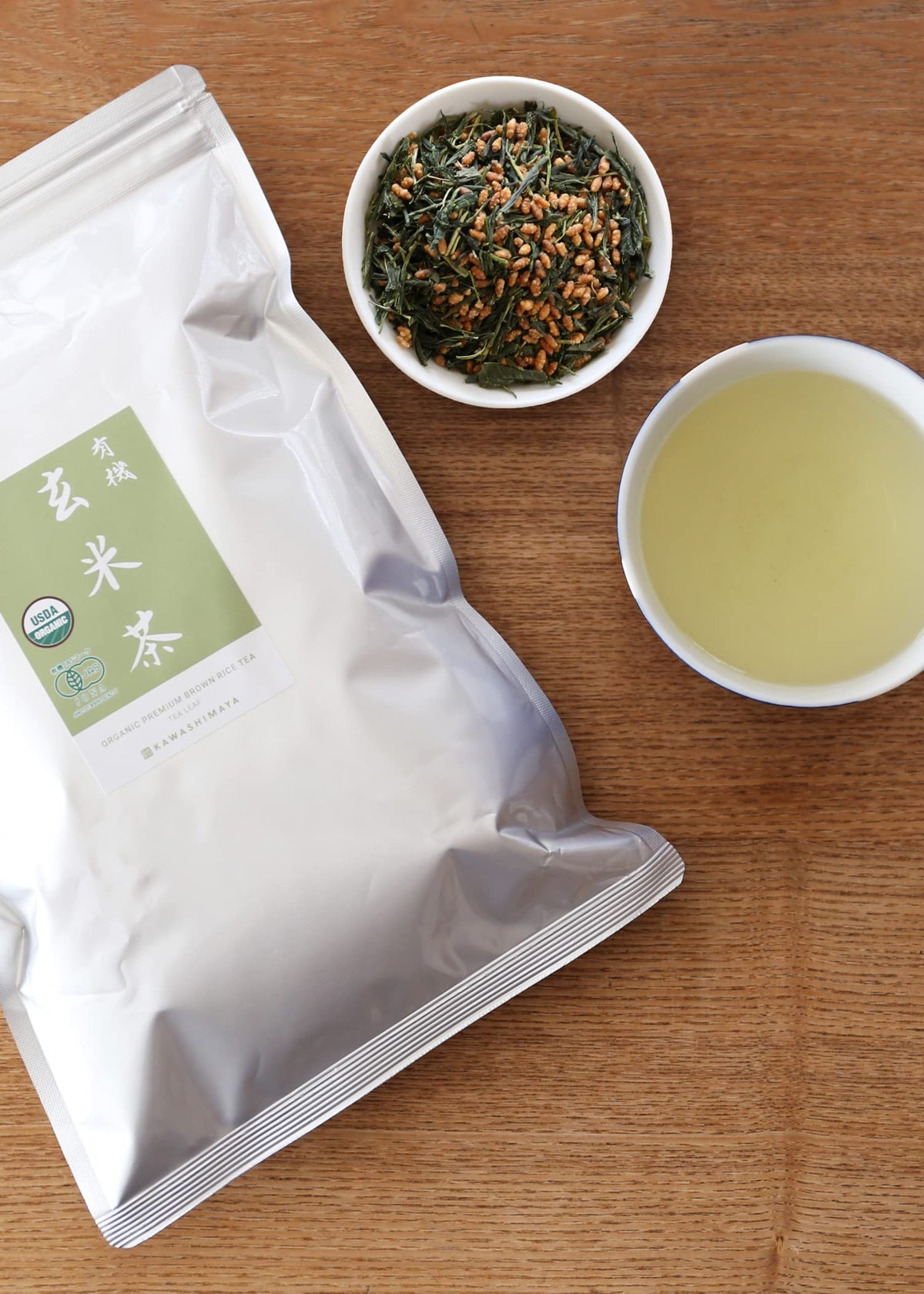 Kawashimaya Genmaicha organic certification seal indicating organic sourcing