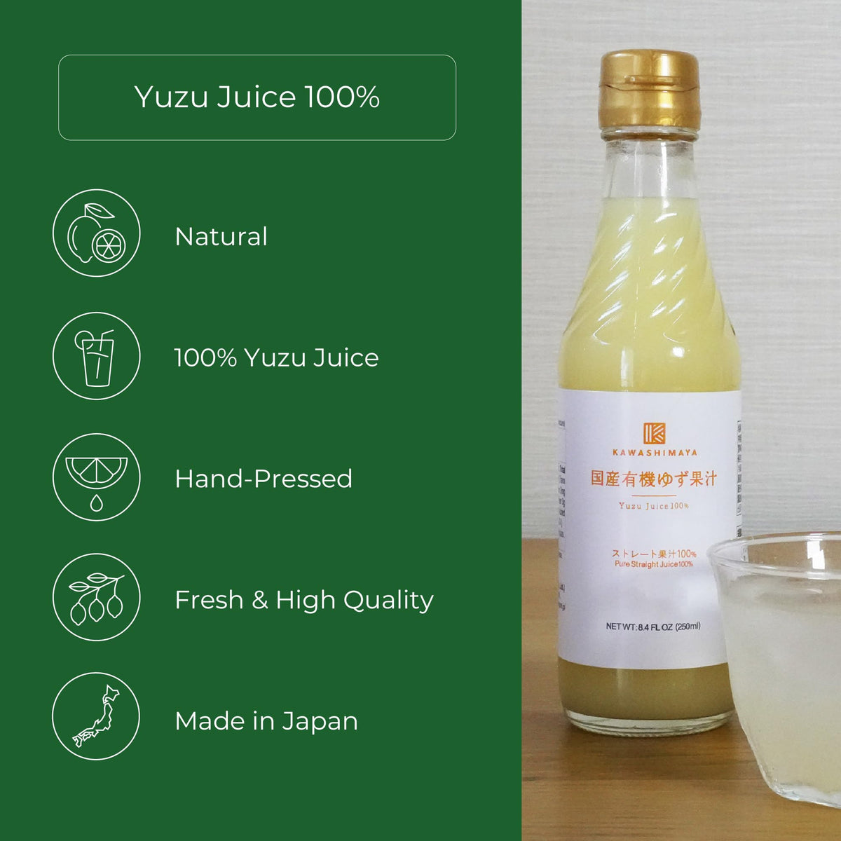 Hand-squeezed Kito Yuzu juice in a glass bottle, showcasing fresh, fragrant citrus