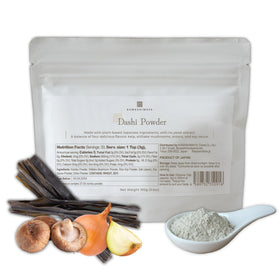 Kawashimaya vegan dashi powder pack shows six natural ingredients for rich plant-based broth.