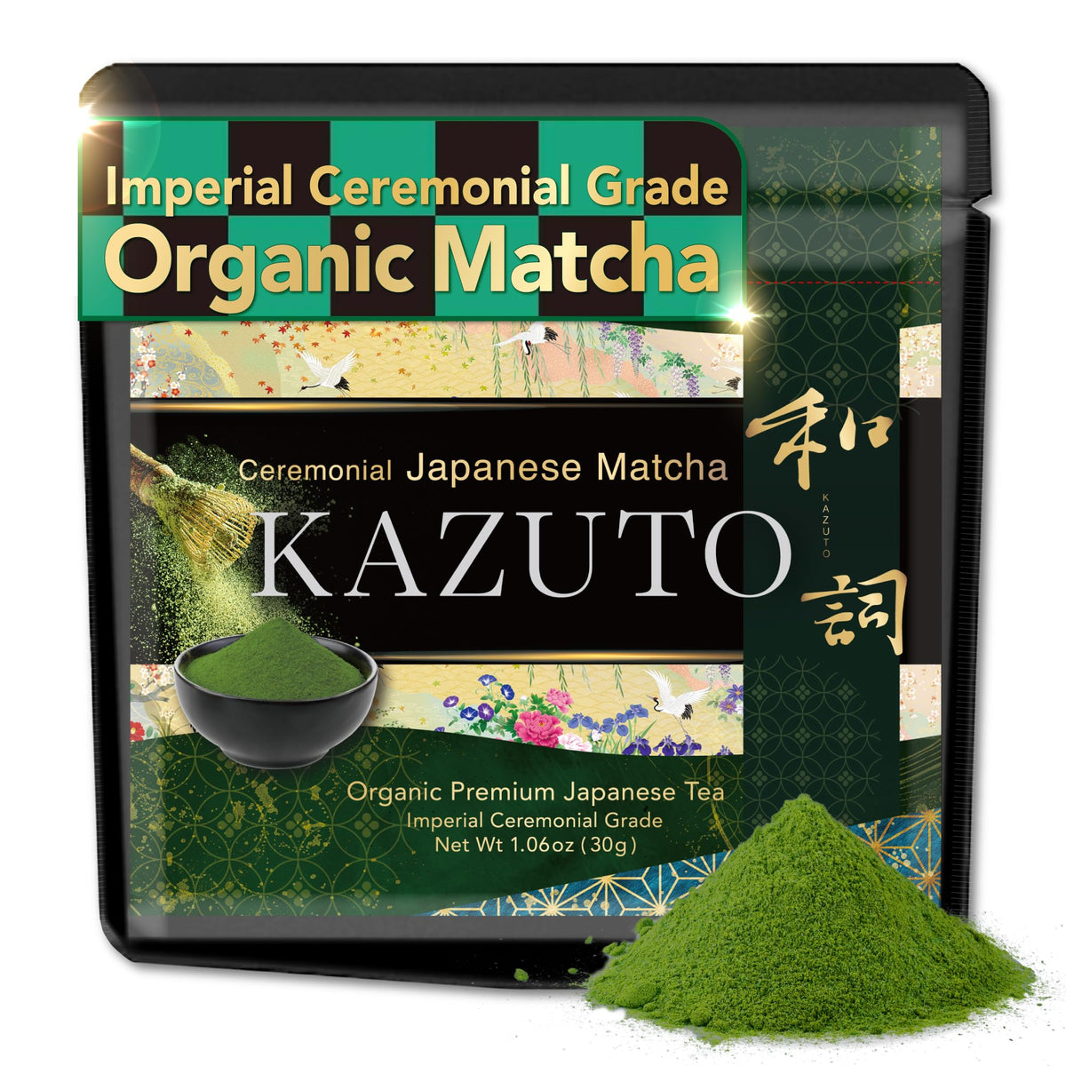 Kazuto ceremonial-grade matcha powder in a bowl with vibrant green color for premium brewing