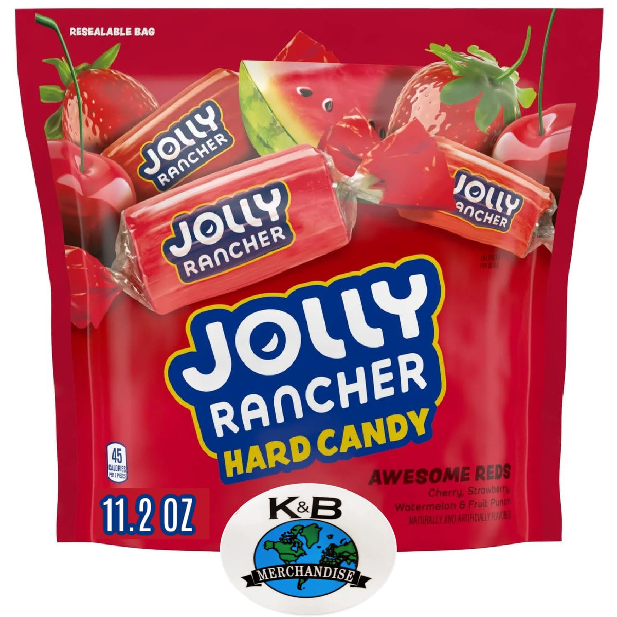 KB Merchandise Jolly Rancher Awesome Reds bag front highlighting bold cherry flavors for quick snacking.
