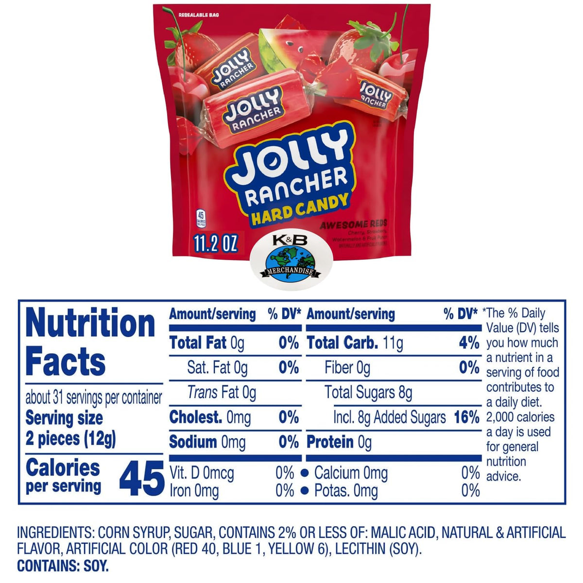KB Merchandise Jolly Rancher Awesome Reds flavors label shows Cherry, Strawberry, Watermelon, Fruit Punch.