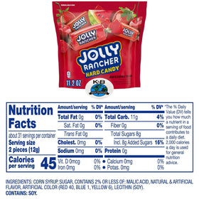 KB Merchandise Jolly Rancher Awesome Reds flavors label shows Cherry, Strawberry, Watermelon, Fruit Punch.
