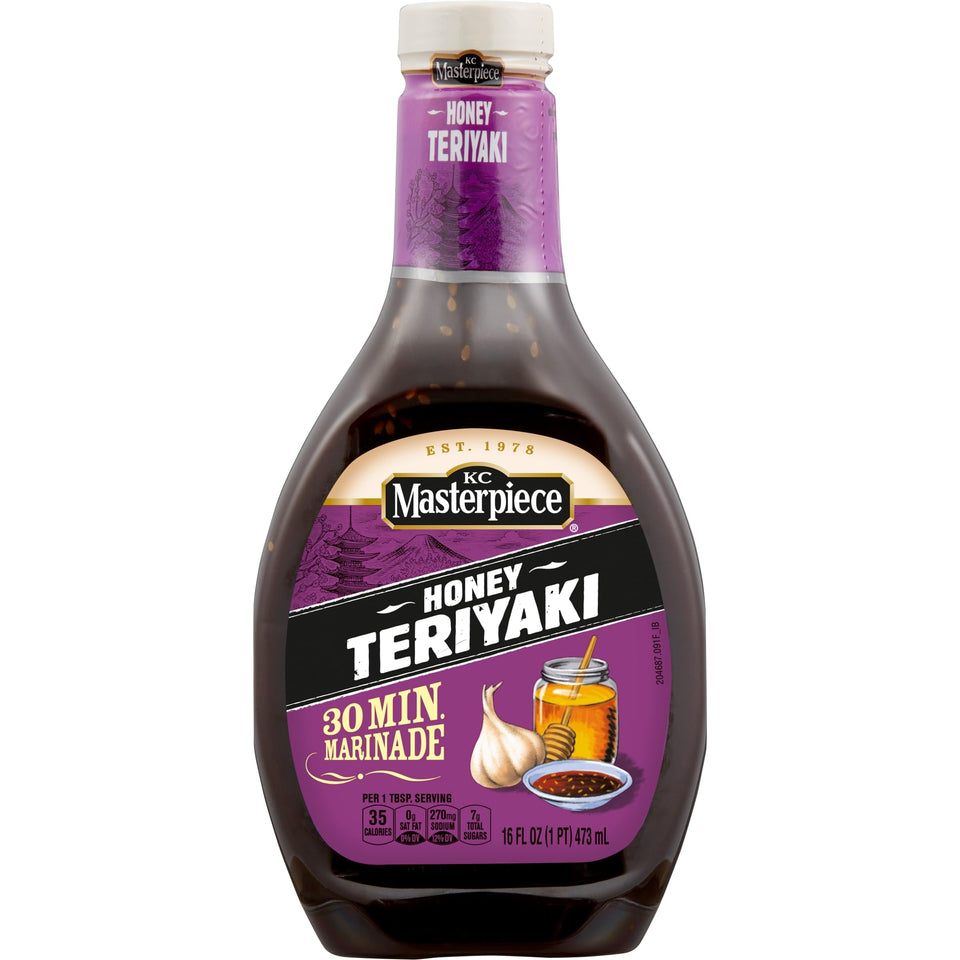 KC Masterpiece Honey Teriyaki Marinade bottle front for grilling flavor