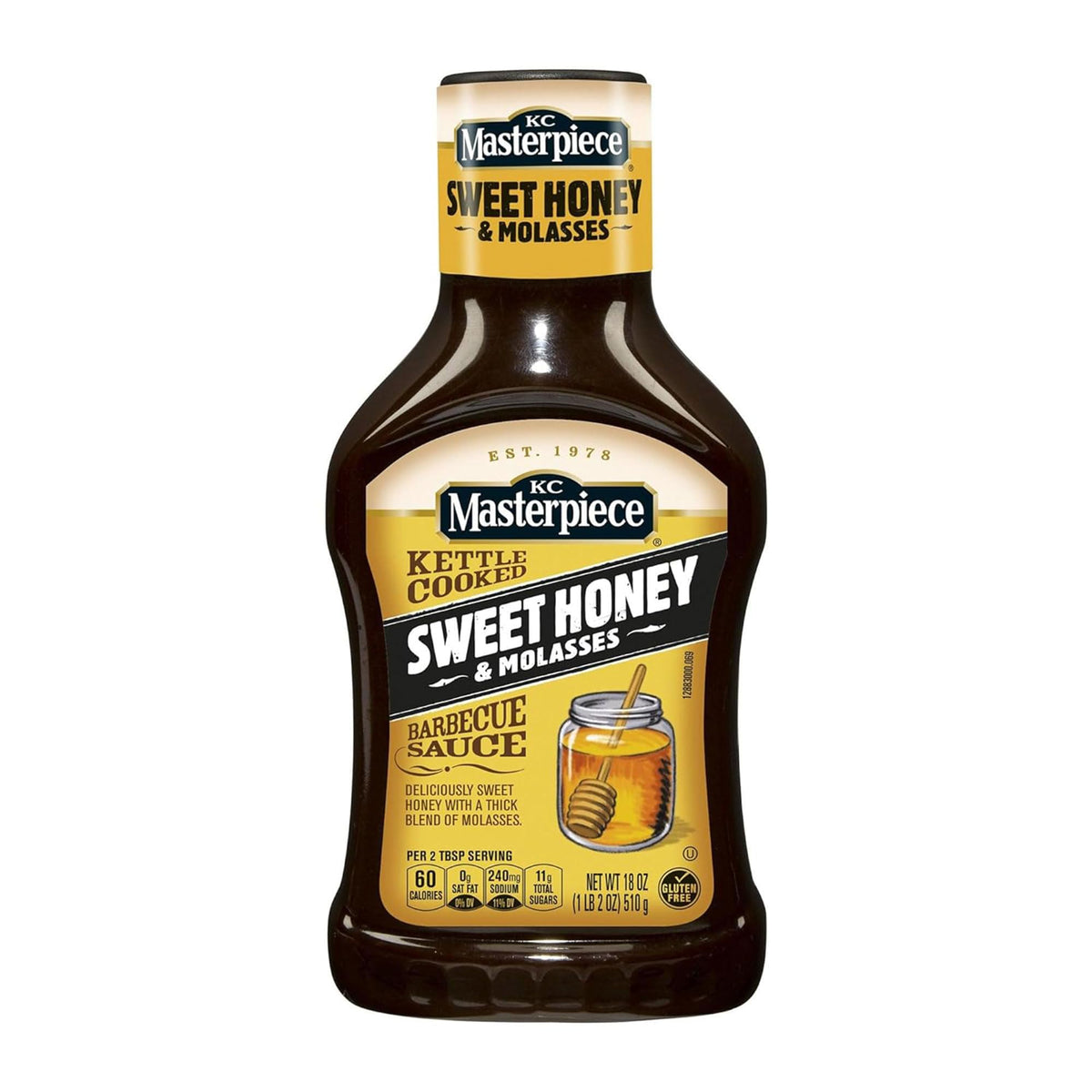 KC Masterpiece Sweet Honey Molasses BBQ sauce bottle front, ideal glaze for grilling.