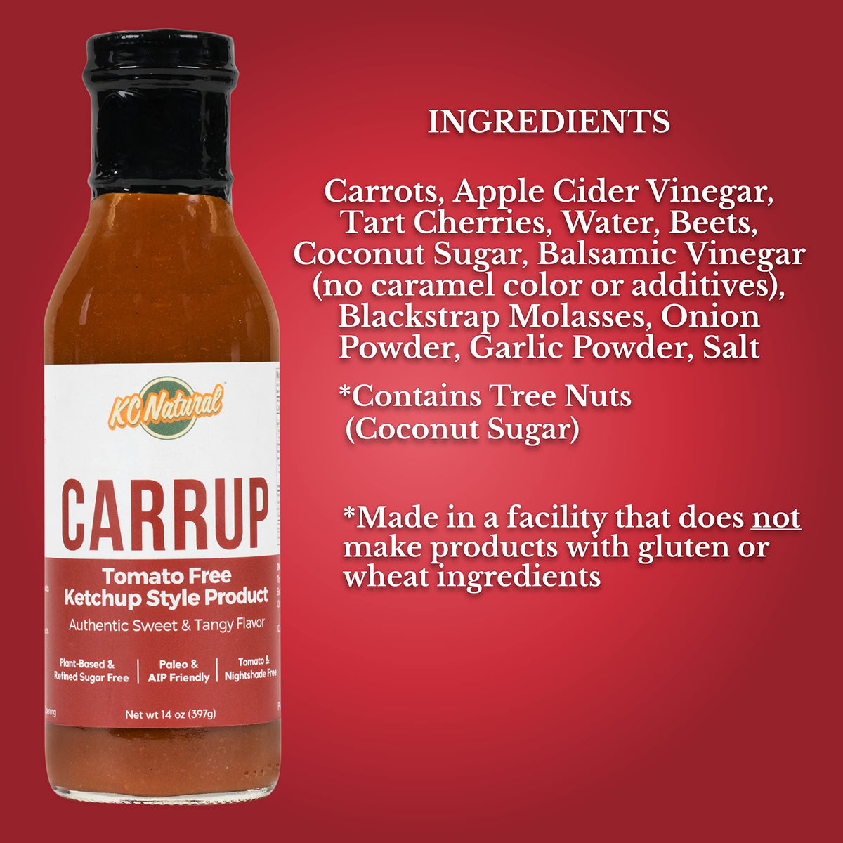 KC Natural Carrup label close-up highlights no-tomato formula