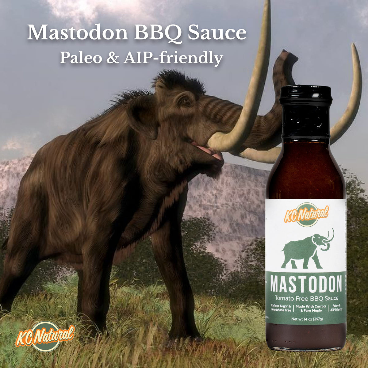 KC Natural Mastodon Paleo AIP BBQ Sauce bottle with maple syrup drizzle.