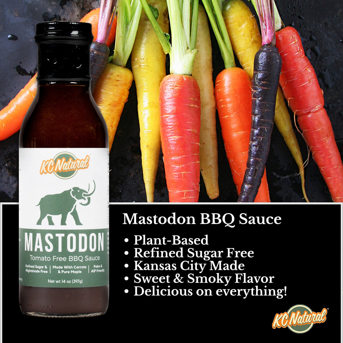KC Natural Mastodon Paleo AIP BBQ Sauce 14oz packaging for pantry.