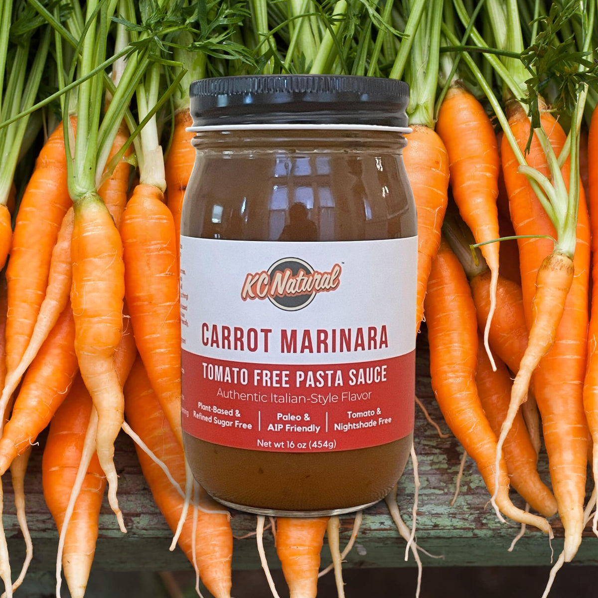 Ingredients list on jar highlighting the tomato-free carrot base.
