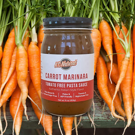 Ingredients list on jar highlighting the tomato-free carrot base.