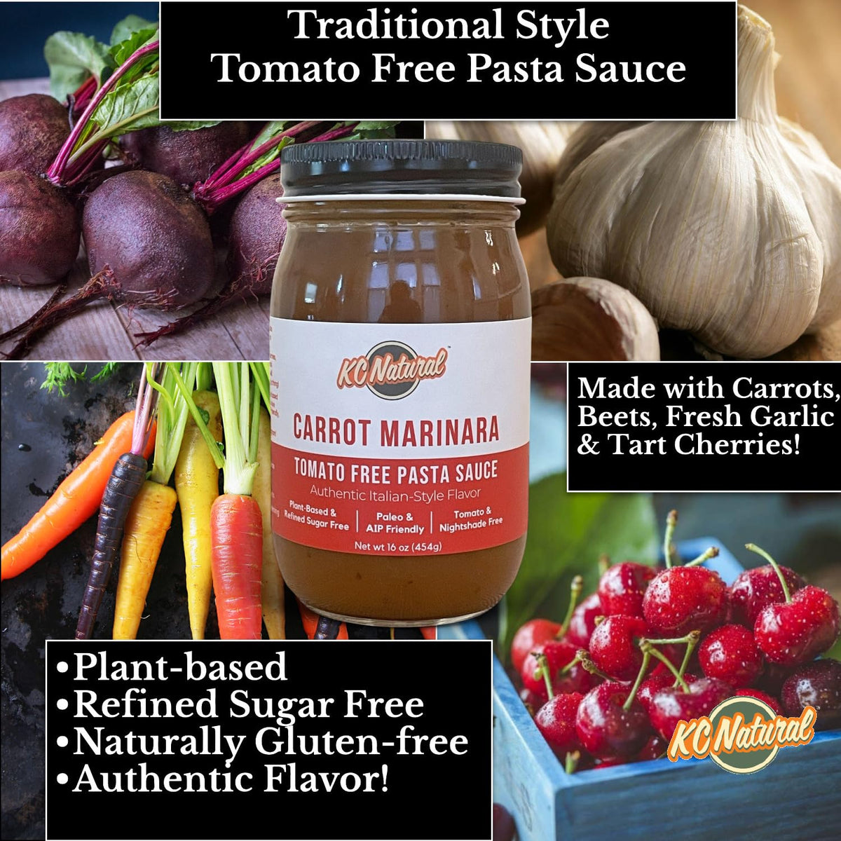 Sauce served with roasted vegetables using KC Natural No Tomato Carrot Marinara.