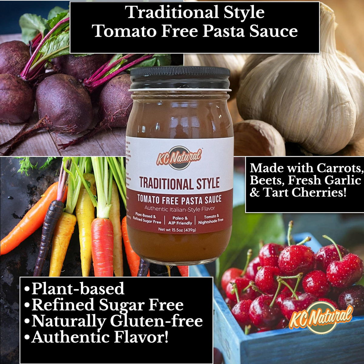 KC Natural Tomato Free Pasta Sauce glass jar front highlights 280 mg sodium per serving