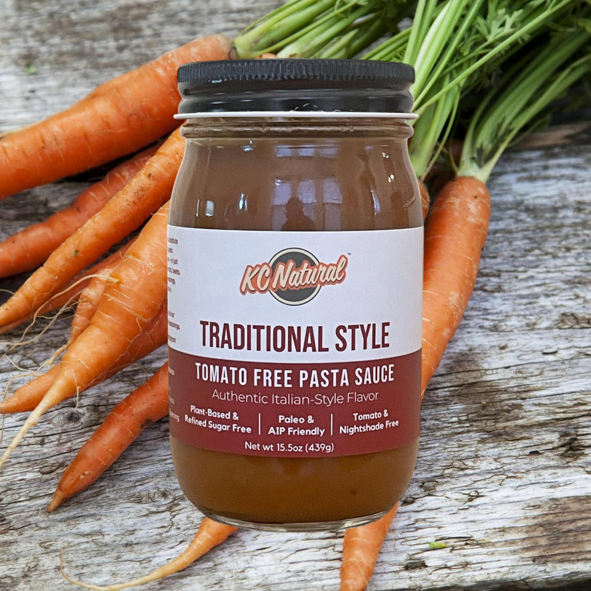 KC Natural Tomato Free Pasta Sauce ingredient panel closeup lists vegan refined sugar-free and nightshade-free qualities