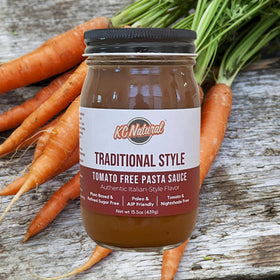 KC Natural Tomato Free Pasta Sauce ingredient panel closeup lists vegan refined sugar-free and nightshade-free qualities