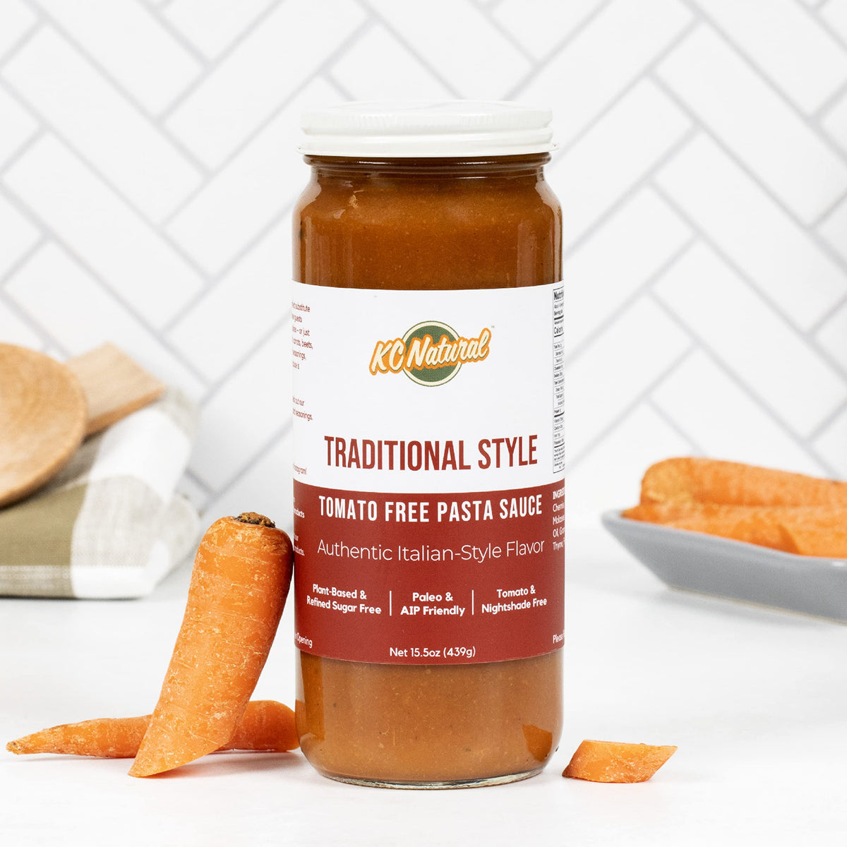 KC Natural tomato-free sauce bottle on kitchen counter