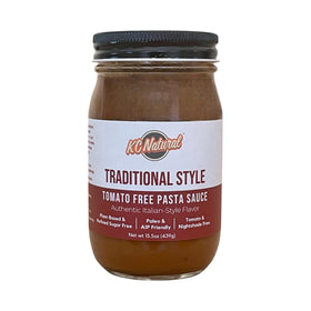 KC Natural tomato-free pasta sauce jar label close-up for tomato-free meals