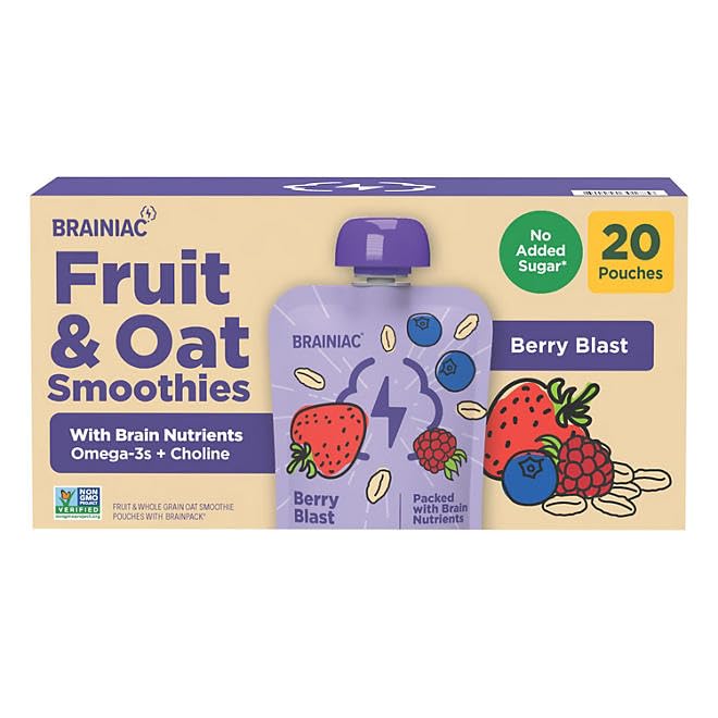 KD Chocolates Brainiec fruit and oat smoothie pouches packaging for a convenient snack.