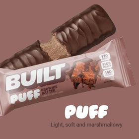 KD Chocolates Built Bars Brownie Batter Puff texture-closeup highlights chewy bite