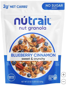 KD Chocolates NuTrael Nut Granola Cereal packaging highlights Blueberry Cinnamon flavor for keto-friendly breakfast