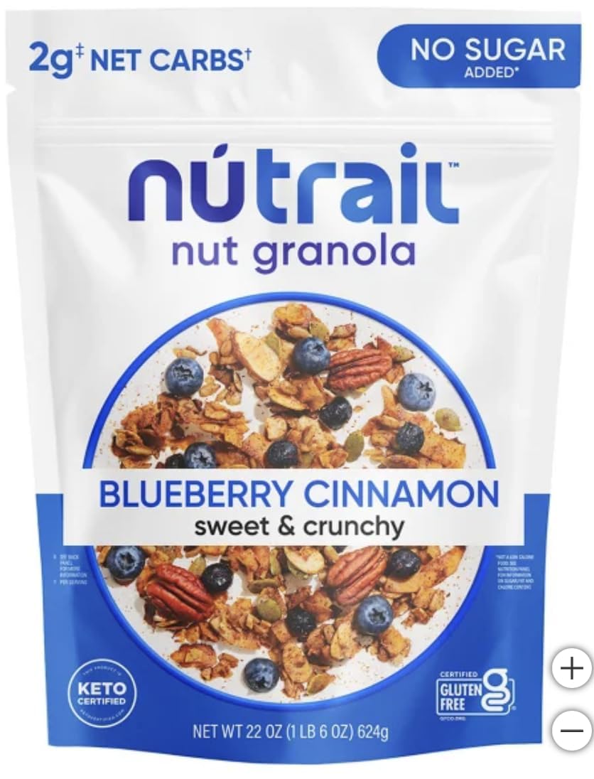 KD Chocolates NuTrael Nut Granola Cereal packaging highlights Blueberry Cinnamon flavor for keto-friendly breakfast