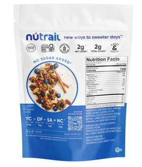 KD Chocolates NuTrael Granola Cereal pouring into bowl for quick low-sugar mornings