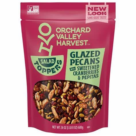 KD Chocolates glazed pecans salad toppers in a 24-ounce pack add crunch to salads