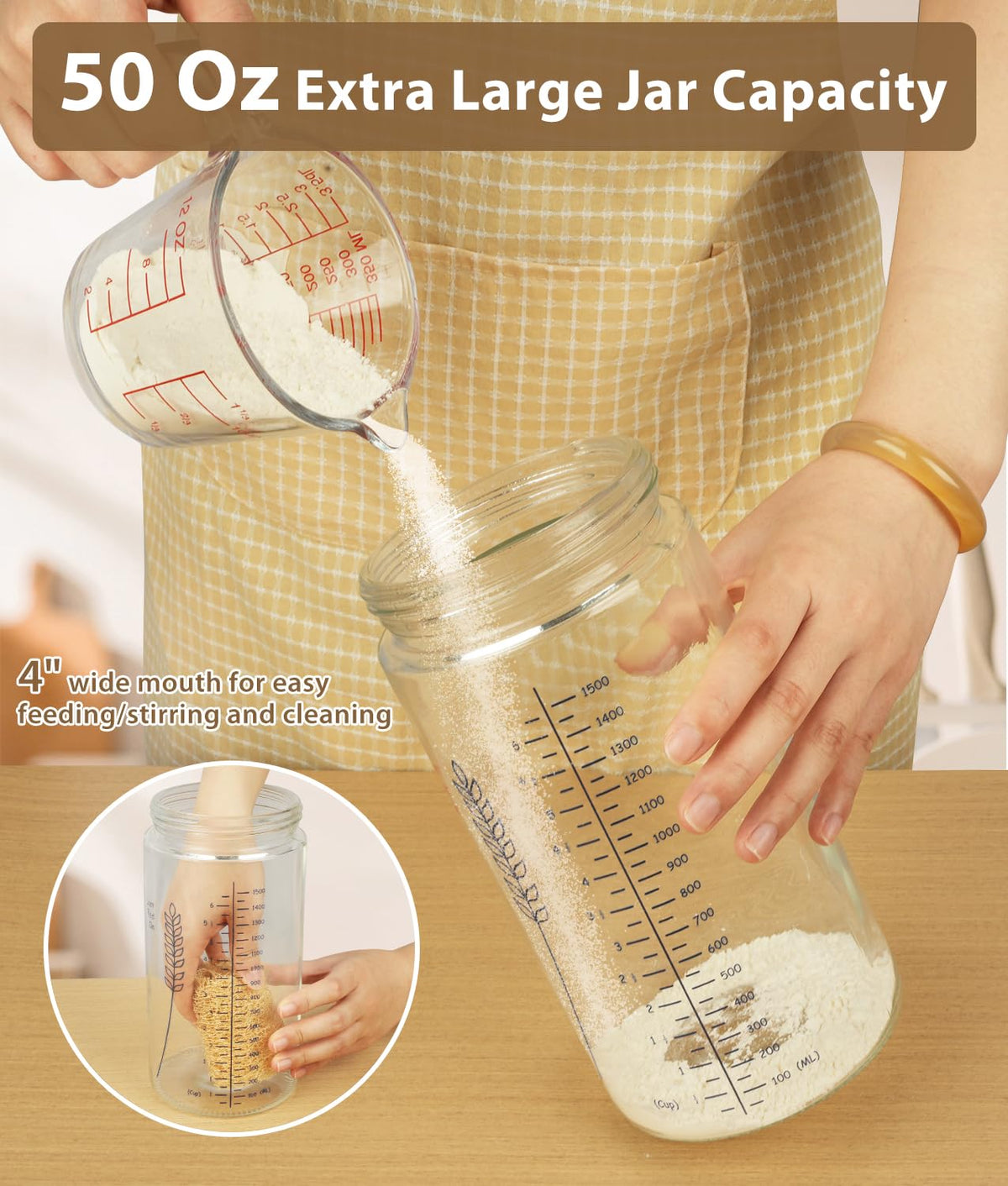 Keafont wide-mouth sourdough jar for easy flour addition and stirring.