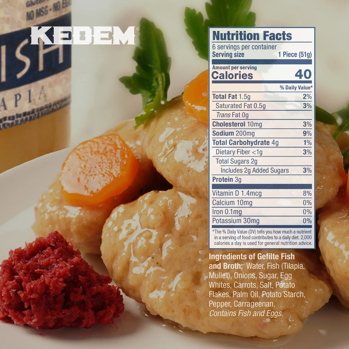 Kedem Tilapia Gefilte Fish ingredients image highlighting all natural components