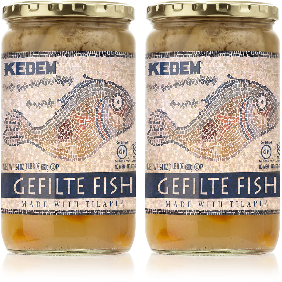 Kedem Tilapia Gefilte Fish jar close-up, showcasing convenient ready-to-serve option