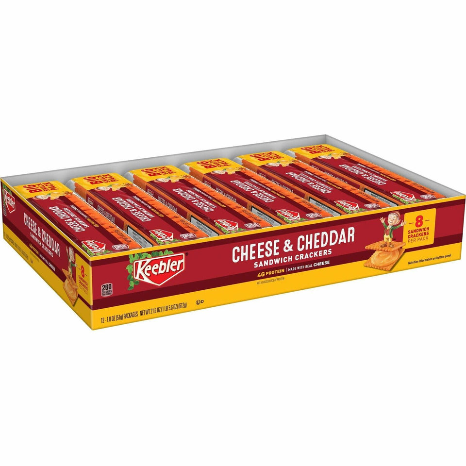 Keebler Cheese and Cheddar Sandwich Crackers box, ideal for grab-and-go snacking.