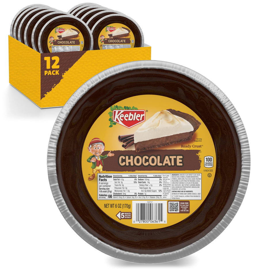 Keebler Ready Crust 9-inch chocolate pie crust in tin, ideal base for baking and no-bake pies.