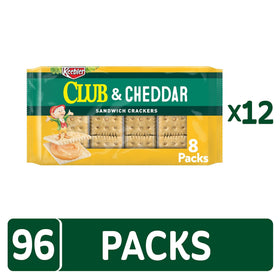 Keebler Club Cheddar sandwich crackers close-up shows cheddar filling between two crackers