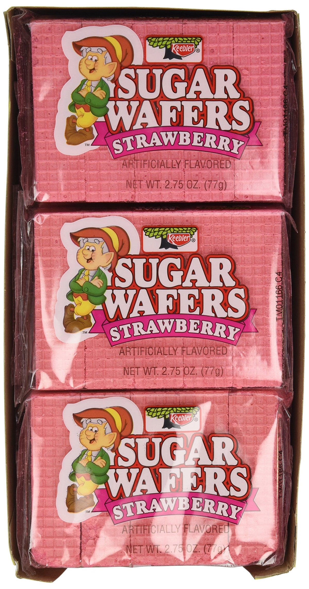 Keebler Strawberry Sugar Wafers close-up shows crisp layers and strawberry flavor.