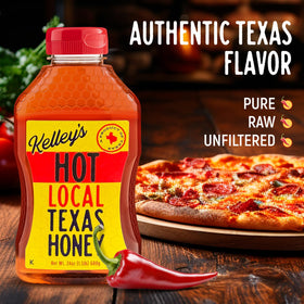 Kelley’s Hot Honey bottle pour shot showing spicy-sweet finish for wings