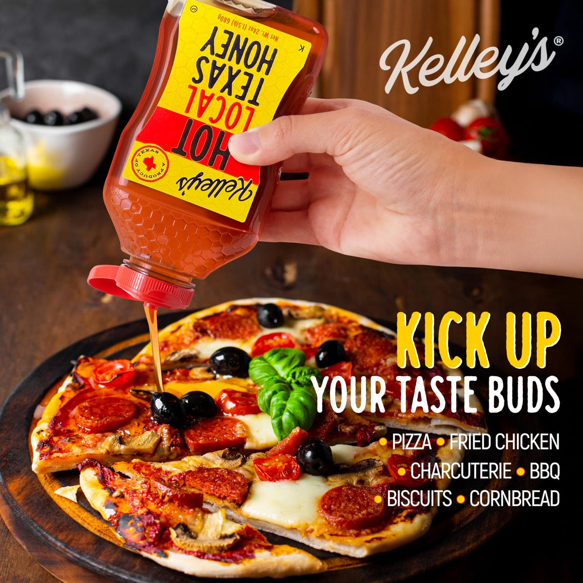 Kelley’s Hot Honey glaze on fried chicken for a sweet-spicy crust