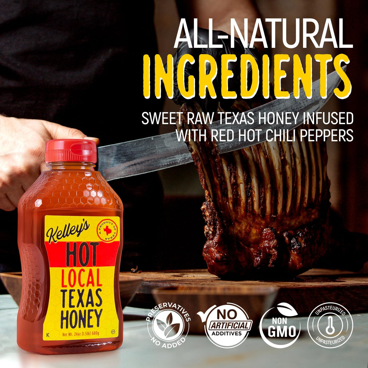 Kelley’s Hot Honey jar closeup highlighting raw honey texture and chili infusion