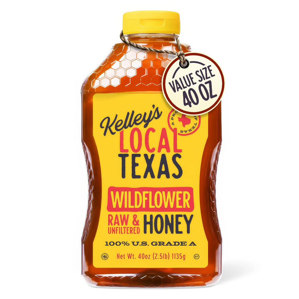 Kelley's Wildflower Honey 40oz squeeze bottle pours smoothly for everyday sweetness.