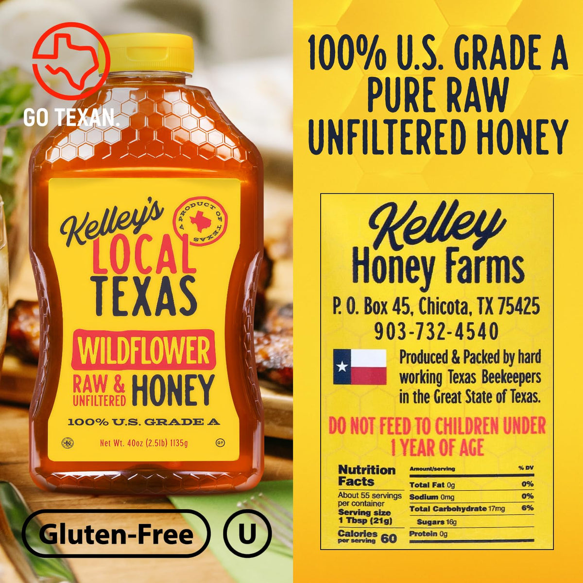 Kelley's Wildflower Honey label highlights Go Texan heritage and local beekeeping.