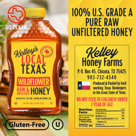 Kelley's Wildflower Honey label highlights Go Texan heritage and local beekeeping.