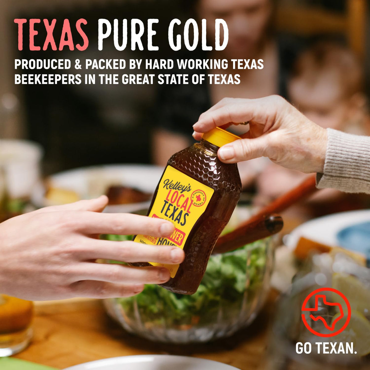 Kelley's Wildflower Honey in a meadow setting reflects Texas beekeeping.