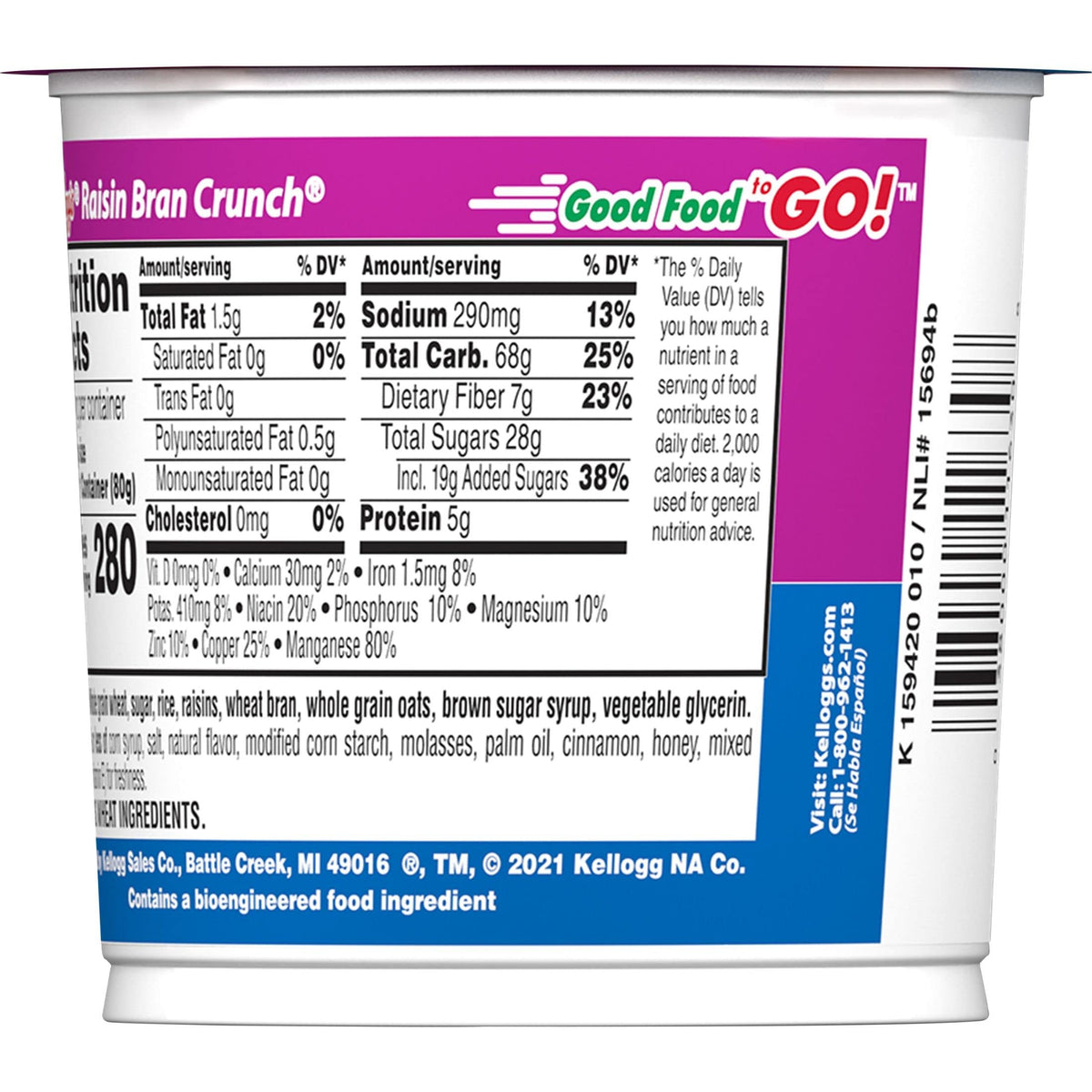 Kellogg's Raisin Bran Crunch Cups poured with milk for quick on-the-go fueling