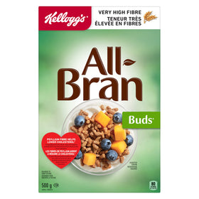 Kellogg's All Bran Buds cereal bowl close-up showing fiber-rich crunch
