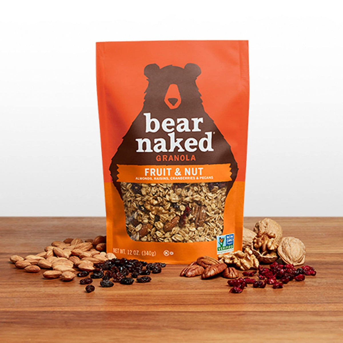 Bear Naked Fruit and Nut Medley shows dried fruits like raisins and cranberries.